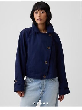 GAP Navy Button-Front Cropped Trench Jacket - Tapestry Navy